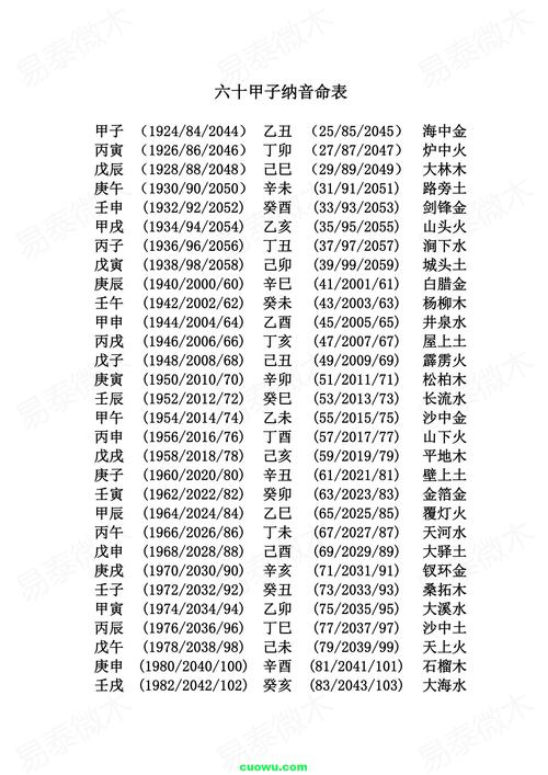 1924年2103年六十甲子纳音命表萍乡钢铁有限责任公司